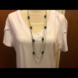 3 chain necklace/pierced earrings set blue/silvertone